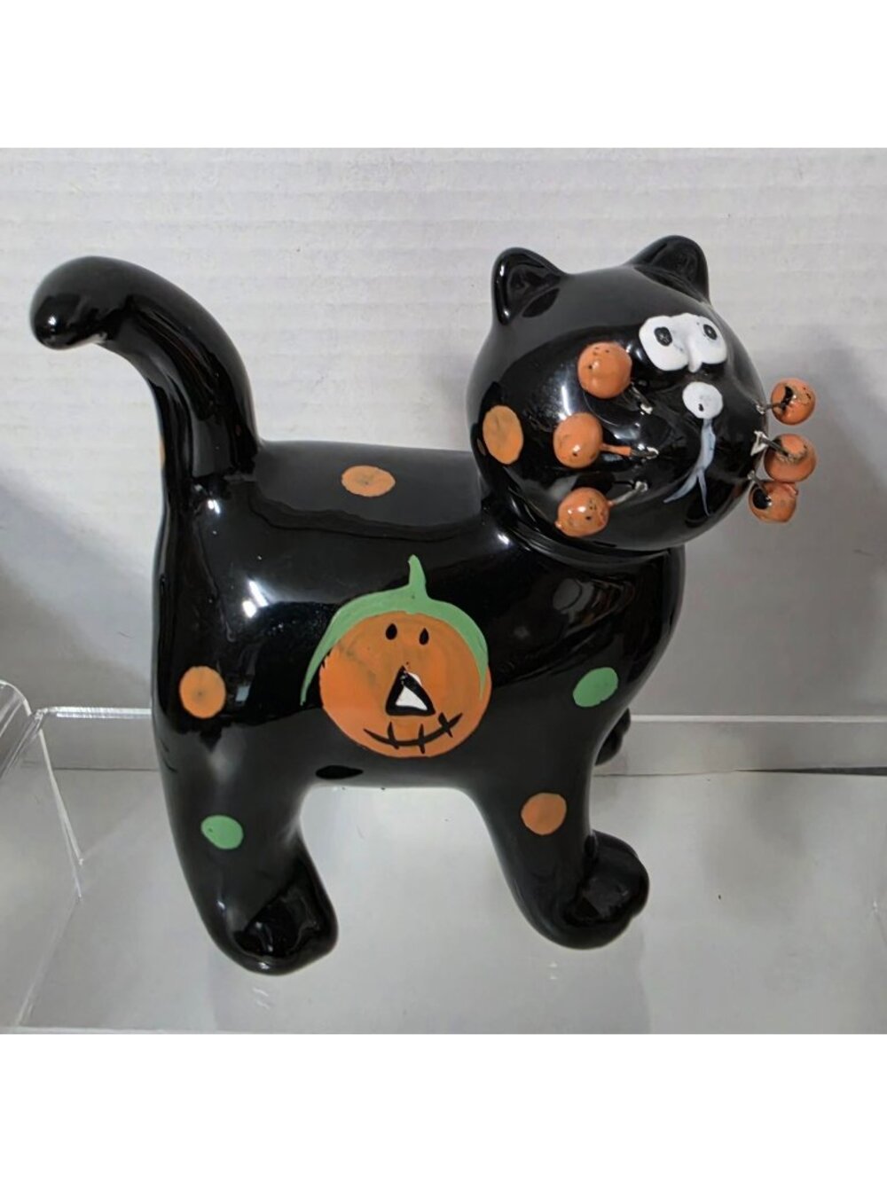 Halloween Black Cat Figurine Pumpkin Whiskers Ceramic Folk Art Decor 5"